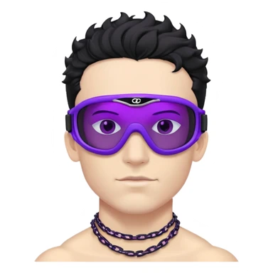 shirtless male athlete with white skin and moderately curly black hair on top with shaved sides, wearing ski goggles with purple frames/outline and very dark heavily tinted black lenses that completely hide the eyes, and a simple plain black chain necklace, no earrings sticker