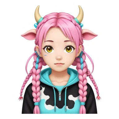 En anime-jente med to rosa lange tykke fletter og cyan striper i håret, ku-horn og ku-ører, sort BH-topp over en gul cropped-fleece-blouse sticker