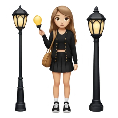 девушка с русыми длинными волосами,  в черной короткой юбке и вязаной черной кофте с дырками, в белых кедах рядом с фонарным столбом sticker