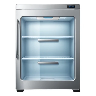 A refrigerator with a transparent front glass divided into three compartments, empty and unfilled. The refrigerator faces forward. It must be divided into three compartments and must have three drawers. sticker