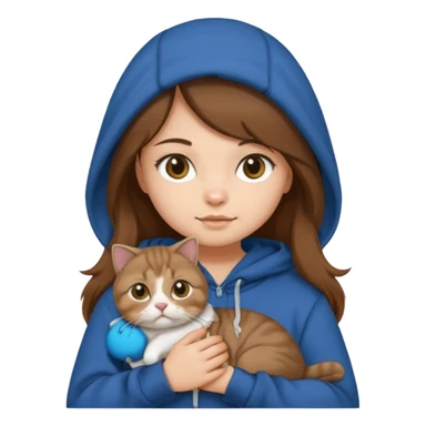 girl with long brown hair in a hoodie holding a Scottish Fold cat, emoji style sticker