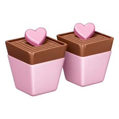 Two square milk chocolate pralines , sharp-edged glossy cubes placed diagonally side by side, each sitting in a small white fluted paper candy cup.
Flat thin pastel pink heart icing centered on top with fine sugar crystal sparkle, clean studio product lighting,  sticker