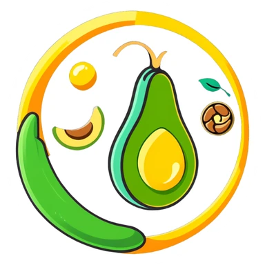 Floating aura in the shape of a golden and jade green drop, with bright icons of avocado, nuts, olive oil and ethereal fish spinning in a circle, surrounding a warm heart and illuminated brain, wrapped in a soft glow of protection and stable energy sticker