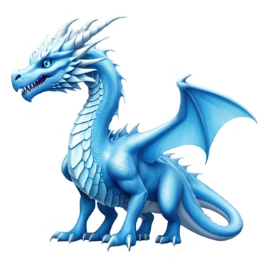 Cinematic Noble very elegant Ice Dragon full body  Emoji, Poised and imposing, distinct long elegant snout, with a slender, scaled body shimmering in glacial hues of icy blue, frostbitten silver, and crystalline white, breathing out frost, with piercing, glowing ice blue white eyes that radiate the chilling depths of an arctic storm; rendered in detail. excuding wisdom sticker