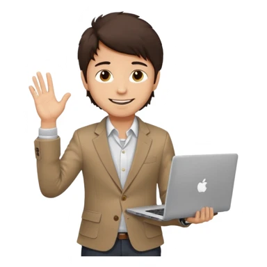 a light tan boy with messy dark brown hair. Wearing a blazer and carrying a lapotop. watch on wrist sticker
