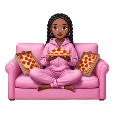 A dark-brown-skinned Black woman with black box braids, sitting on a pink couch, holding an open pizza box.She’s wearing comfy loungewear, looking relaxed and enjoying her food. sticker