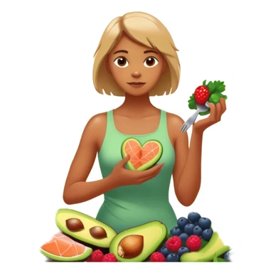 A glowing, energized person stands barefoot in morning sunlight, surrounded by vibrant greens and whole foods—berries, salmon, avocado, broccoli. One hand rests on their heart, the other holding a fork like a tool. Behind them, toxic foods fade into shadow. Their body radiates light from within sticker