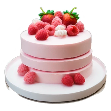 light pink and white cake on white colored plate with raspberries and strawberries sticker