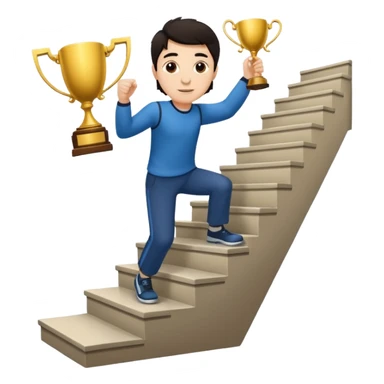 A man with fair skin and dark hair is climbing stairs to grab a trophy on the top step. sticker