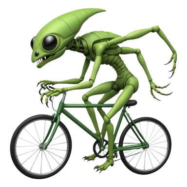 insectoid alien riding a bicycle, bug-like eyes, segmented limbs, strange but fun cycling pose, sci-fi creature vibe, 3D cartoon, mobile game icon style, clean background, no text, no watermark
 sticker