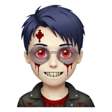 Zombie emo boy, chrome heart glasses and a scary smile, scars and blood under eyes sticker