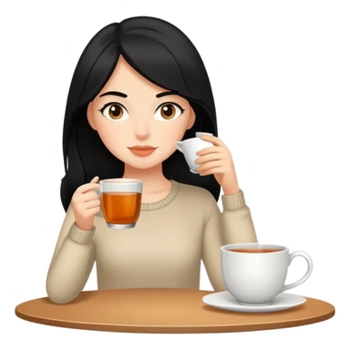 white girl with black hair doing self care, drinking tea, relaxing sticker