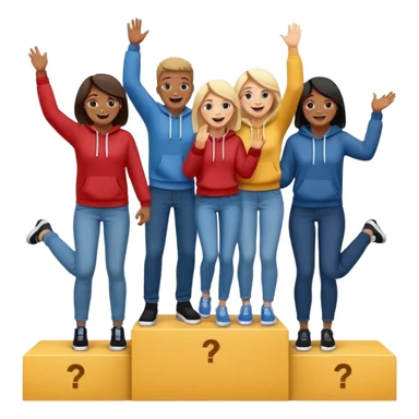 winners’ podium with multi-racial people, middle step higher, fun, casual clothes like jeans and hoodies, excited, fun emoji style sticker