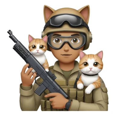 Man in tactical airsoft gear wearing protective goggles on face, holding a gun in one hand and a white and brown cat in the other hand sticker