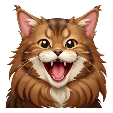 Cinematic Cute Brown Maine Coon Cat Portrait Emoji, Head tilted playfully while yawning exaggeratedly, sleek brown and black fur with a majestic mane, Simplified yet hilariously adorable features, highly detailed, glowing with a warm, confident glow, high shine, mischievous yet lazy, stylized with a touch of playful whimsy, bright and endearing with a comical, yawning expression, soft glowing outline, capturing the essence of a quirky yet loving and lazy kitty, so meme-worthy it feels like it could stretch out of the screen and demand attention in the most dramatic way! sticker