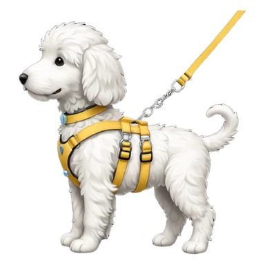 Black and white golden doodle puppy in side profile wearing harness and a leash sticker
