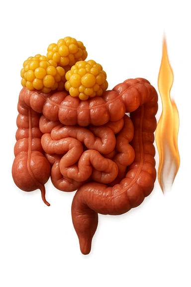 intestino umano con cellule gialle di grasso a grappoli attaccate sopra, con fiamma che brucia, iperrealistici 4k, non disegnati sticker