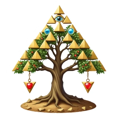 Annunaki tree from Garden of eden, that is actually a ancient tech antenna with illuminati all seeing eye in traingle symbol at the top and with little pyramids hanging like apples sticker