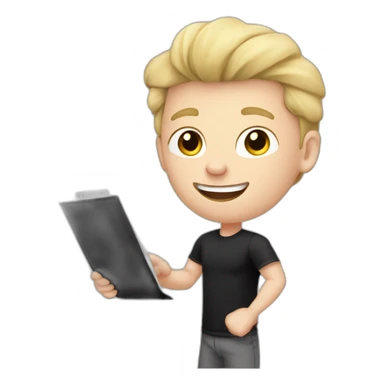 Pale skinned Fit Man With the biceps and blonde hair in black shirt, gray sports shorts and white Sneakers Writing text on the flipchart sticker