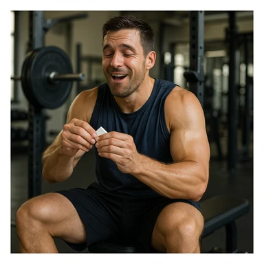 realistic 4K quality image of a sporty man in gym sitting on a bench, opening and quickly consuming a sugar packet, relieved expression, gym equipment background sticker