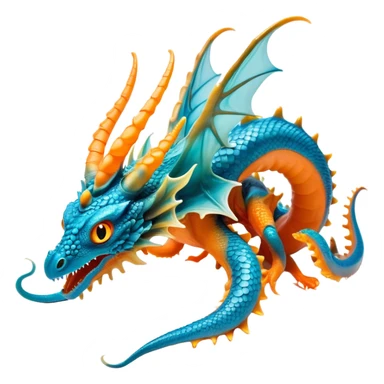 This creature is a fascinating hybrid of dragon and cephalopod features. Its body has a sleek, scaled blue torso resembling a dragon, but instead of hind legs, it has six powerful orange tentacles with light-colored suction cups. The creature has a dragon-like head with a teal/turquoise coloration and subtle circular patterns, featuring large, intelligent yellow-orange eyes. Two draconic horns curve from its head, and it has a short snout with a slight smile. Along its back runs a line of orange-gold spines, and it possesses two impressive wings with light blue membranes supported by orange spines in a sunburst pattern. The creature has two draconic front limbs with sharp claws, while its tentacles provide both mobility and grasping ability. The striking contrast between the blue-teal upper body and vibrant orange tentacles and accents creates a visually stunning aquatic dragon-octopus hybrid. sticker