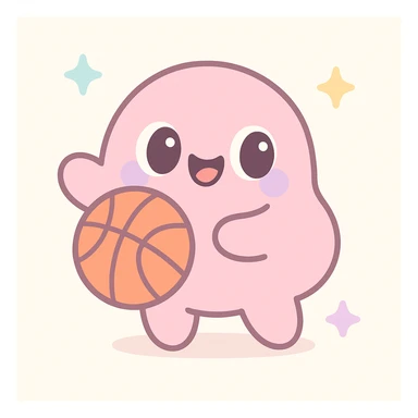 silly pink character holding a basketball, cute and playful expression, kawaii style sticker