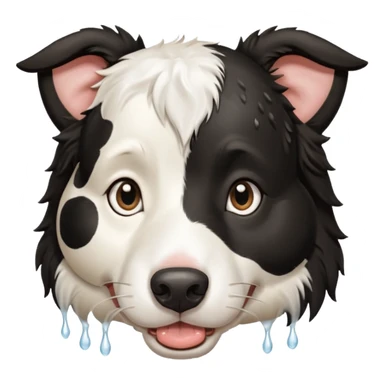 A black and white border collie has the hoof of a cow in her mouth. sticker