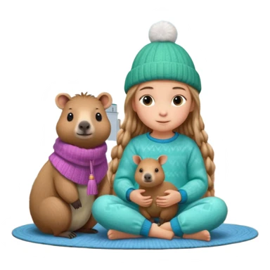 A cute 11-year-old girl with light brown braids in front, wearing emerald green cozy sweater and blue pajama pants, sitting with a fluffy capybara wearing a tiny knitted hat, warm pastel illustration style, soft lighting, Moscow Kremlin spire visible through window in background, 3D render sticker