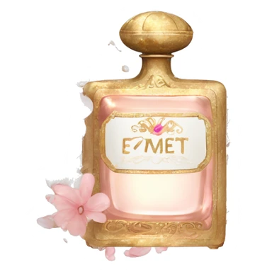 Vintage perfume bottle in antique Greek style, white, pink and beige, oil perfume inside, sequins and flowers fluttering around sticker