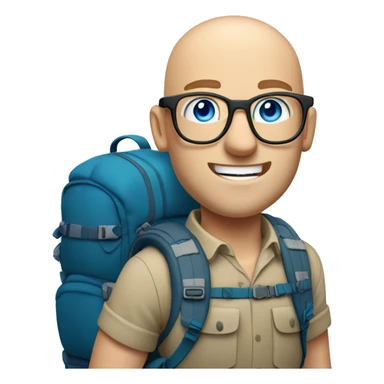 Bald man with glasses pale skin buff muscles blue eyes with a large backpacking backpack on with hiking poles sticker
