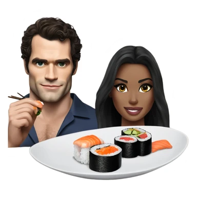 realistic photo of Henry Cavill eating sushi with a beautiful  victoria secret model  sticker