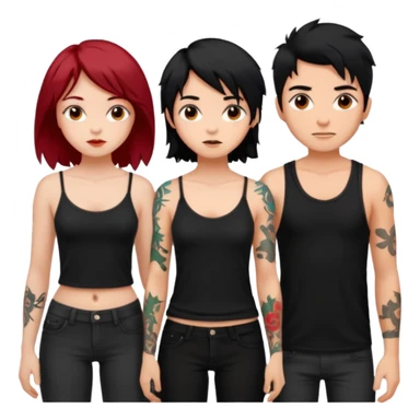 generate a fair boy with messy black hair, tattoos. standing beside a fair black haired girl wearing a black cami top and a tan girl with red hair sticker