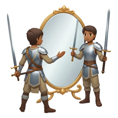 A person standing in front of a mirror, looking at their own reflection, while a sword on the ground beside them. The mirror represents self-awareness and acceptance sticker