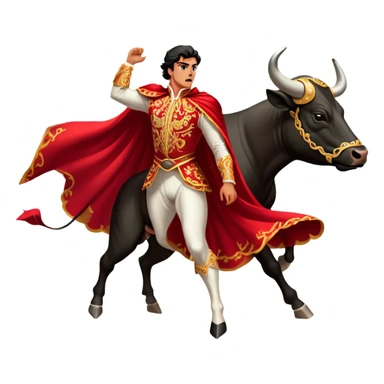 ​Cinematic Realistic Spanish Matador in Action, depicted in an ornate traje de luces with a flowing red cape, captured in the dramatic moment of confronting a charging bull in a traditional bullring, rendered with dynamic motion and dramatic lighting that encapsulates the intensity and artistry of the spectacle, sticker