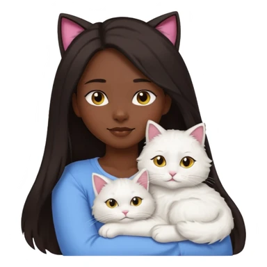 a girl with long dark hair and a white fluffy cat lying on her left shoulder and neck, emoji style, suitable for Discord and Slack sharing sticker