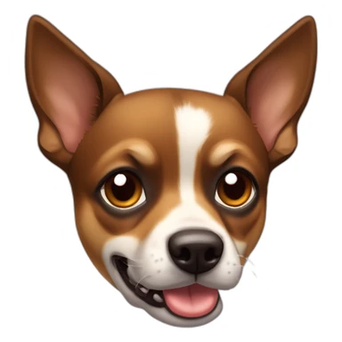 black brown mutt dog with small german shephard head but larger chihuahua eyes and large overbite with left upper sharp canine tooth a bit crooked and sticking out mouth sticker