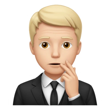 white man in formal suit thinking, hand on mouth sticker
