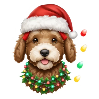 dark brown goldendoodle with a Santa hat and Christmas lights sticker