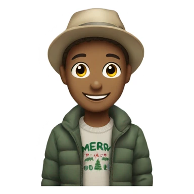 smiling boys outdoors in hats Christmas trees in background with merry Christmas sign sticker