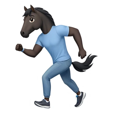 friendly anthropomorphised black stallion in jeans and a t-shirt, jogging upright in standard pose sticker