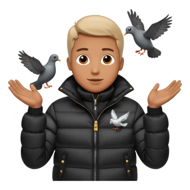 puffer shiny black jacket man open arms looking at a flying pigeon sticker
