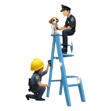 A child on a ladder who is painting on a wall, while a police officer and its dog is staring from the ground to the child, there is also a camera pointed towards the child  sticker
