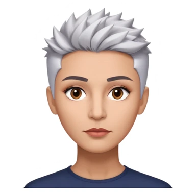 Marian Pabón with elegant facial features, light rosy complexion, expressive made-up eyes, medium well-defined lips, sophisticated pronounced cheekbones, short spiky silver hair styled like a men's cut sticker