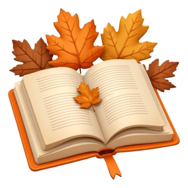 A cute 3D emoji of an open book with autumn leaves around it, cozy fall colors (orange, brown, beige), playful and modern style, glossy finish, minimalistic but expressive, symbolizing a Fall Reading Challenge. sticker