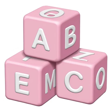 three Light pink and white toy alphabet blocks stacked with different letters sticker
