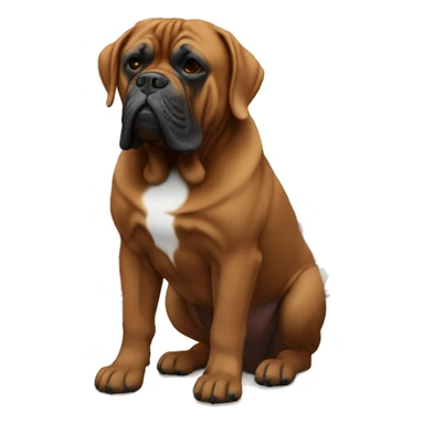 Black masked Dogue de Bordeaux in Front of a christmas tress sticker