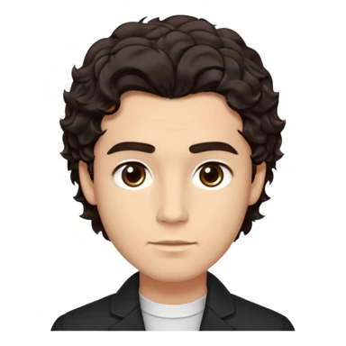 He’s a man with light to medium skin, a defined oval face, full brows, deep-set eyes, and wavy short dark brown tall puffy hair styled with height, sides are trimmed. expression calm and focused relaxed black open-collar .polished, articulate, and coach vibe. sticker