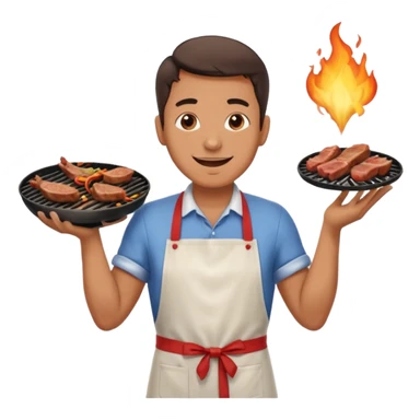 A cheerful man in an apron flipping meat on a sizzling grill with smoke puffing upward. sticker