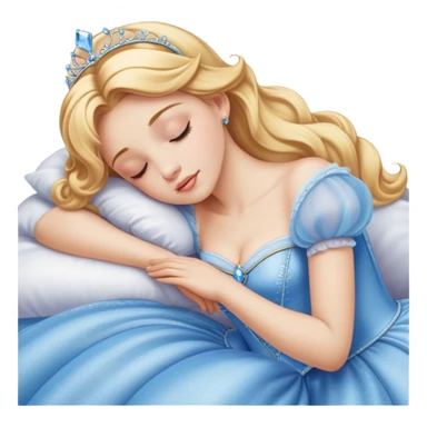 Cinematic Realistic Sleeping Cinderella Portrait, portrayed with exceptional realism: her luminous porcelain skin and exquisitely detailed golden-blonde hair lie softly under the gentle caress of natural light. Her eyes are peacefully closed in a serene, dreamlike slumber, and every fold and shimmer of her iconic ball gown is rendered with painstaking detail. The overall composition radiates a quiet, enchanting glow that encapsulates the timeless, restful beauty of a princess lost in a gentle, magical dream. sticker