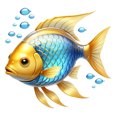 Ethereal golden fish with translucent glowing scales transforming into or carrying a shining golden omega-3 capsule. The fish appears magical and flowing, with streams of light connecting it to the capsule. Both elements emit a soft radiant glow in a dreamy atmosphere with subtle blue undertones. sticker